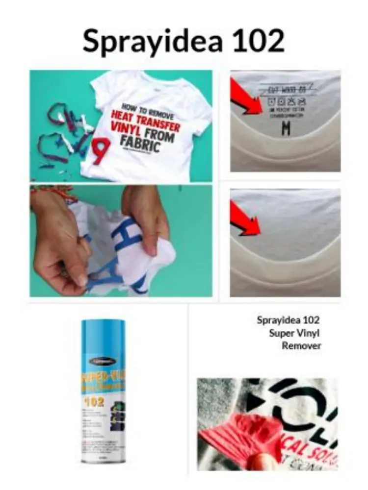 Image showcasing the Sprayidea 102 Super Vinyl Remover, demonstrating the process of removing heat transfer vinyl (HTV) from fabric and clothing, including views of vinyl residue and clean fabric.