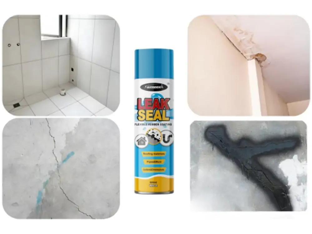 Collage image featuring Sprayidea® Leak Seal Flexible Rubber Coating can at the center, surrounded by various application examples. These include a waterproofed bathroom, a cracked wall with water damage, sealed pipes, and a repaired concrete surface, demonstrating its use for stopping leaks and sealing cracks on roofs, windows, floors, and gutters.
