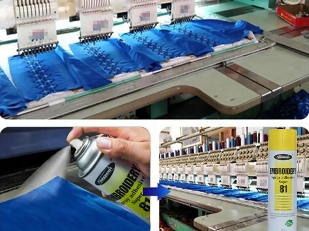 Image showing an embroidery machine in a garment factory with blue fabric, alongside a close-up of 'EMBROIDERY Spray adhesive Super 81' being applied, illustrating adhesive selection for specific surfaces like fabric.