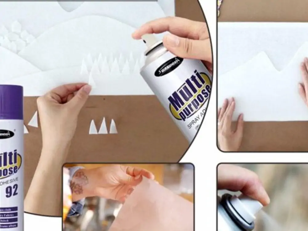 Collage showing a hand using Sprayidea Multi-Purpose Spray Adhesive to bond paper cutouts for a craft project, demonstrating safe and effective application