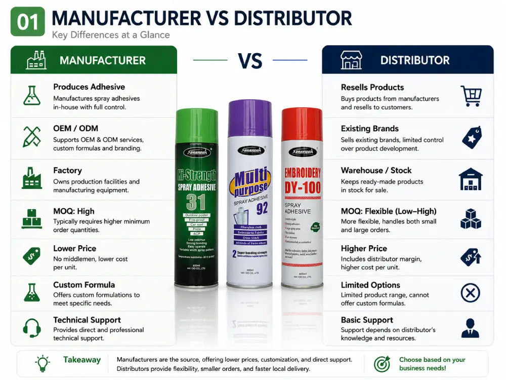 Infographic waarin fabrikanten en distributeurs van spuitlijm worden vergeleken op het gebied van OEM-maatwerk, minimale afnamehoeveelheid, prijzen en technische ondersteuning.